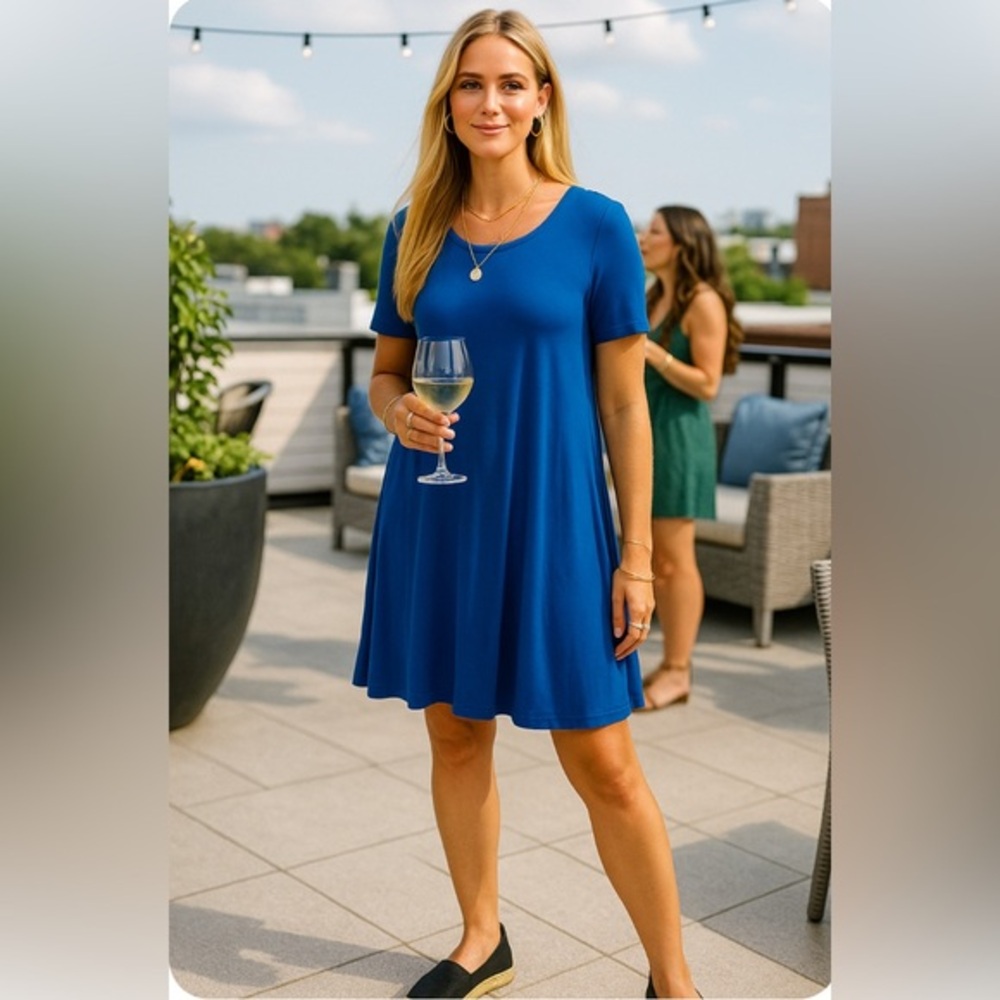 🆕Nina K blue midi jersey quarter sleeved dress w/round neck 💙